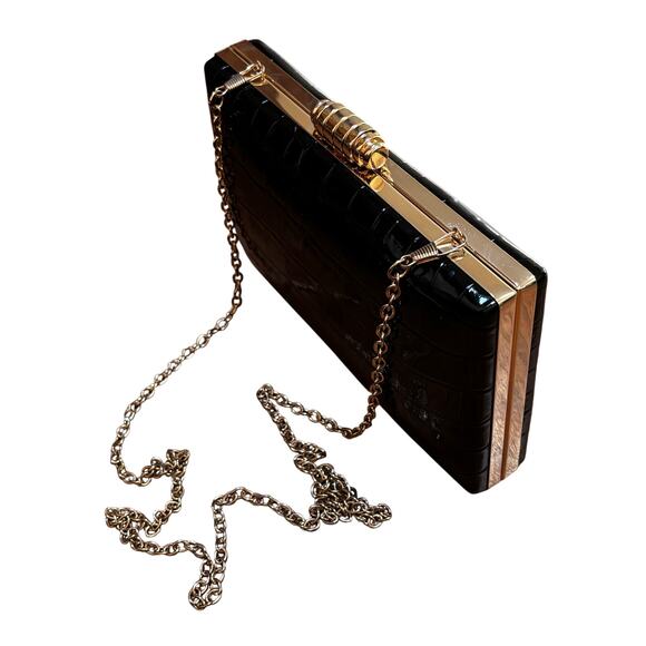 Vintage 1990’s black patent box style evening bag purse moc croc texture clutch - Picture 2 of 8